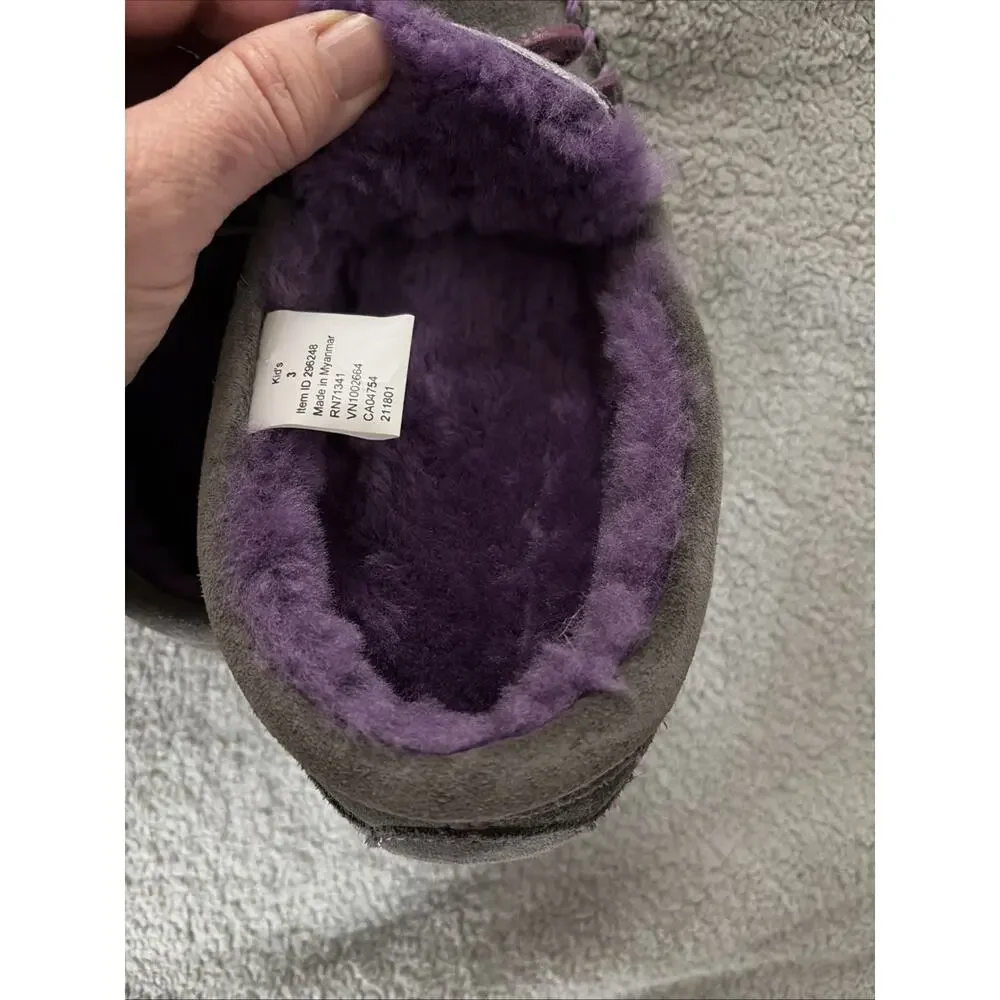NWOT L.L. Bean Kids Moccasin Slippers 3 Gray Suede Faux Fur Lined Girls Boys